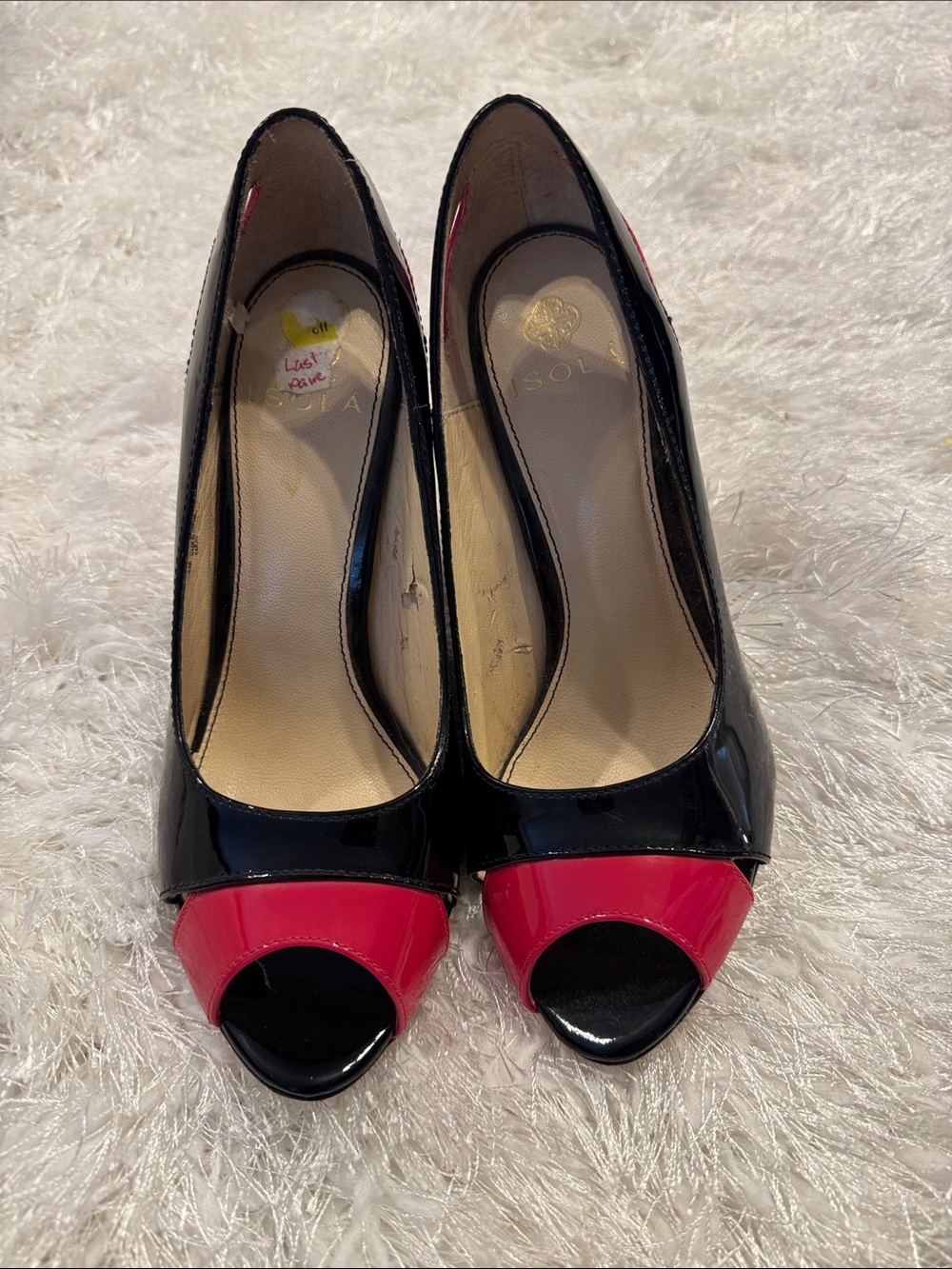Women’s Patent Peep-Toe Block Heel Pumps - Black, Deep Purple Heel, and Hot Pink - Picture 2 of 14